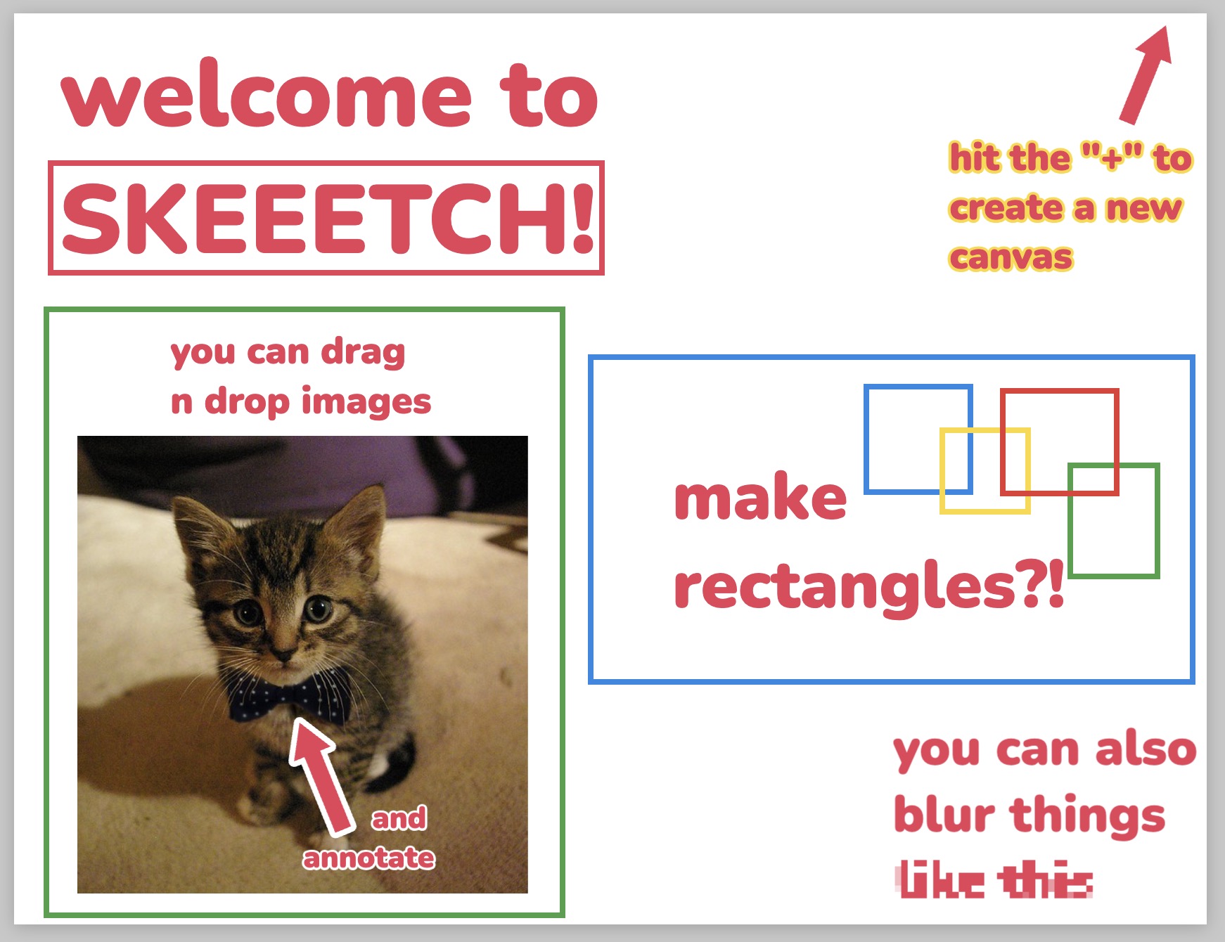 The new welcome template showing examples of drag-and-drop, rectangles, blur, and creating a new canvas